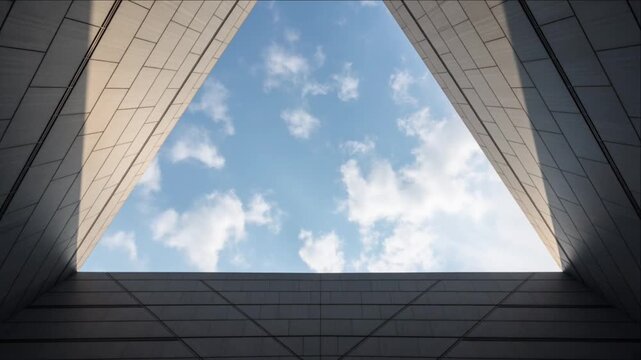 Cinematic Urban Architecture Geometric Opening Sky Cloud Weather Timelapse Background, Modern City Symmetry and Abstract Design Atmosphere Through Triangular Skylight Framing