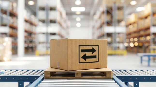 Cardboard box with a bold return arrow symbol on a pallet in a bright warehouse.