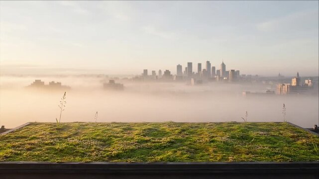 Cinematic urban landscape weather timelapse background featuring misty city skyline beyond grassy hill and rooftop garden under morning haze, creating fog filled atmospheric panorama for travel design