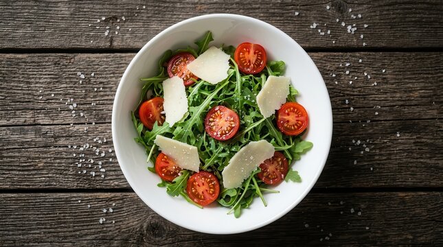 Fresh arugula salad with cherry tomatoes and parmesan cheese in a white bowl.