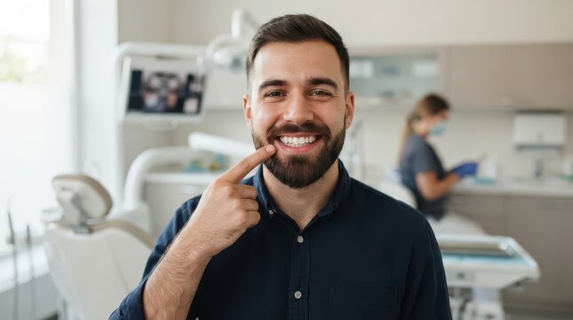 Happy, handsome man smiling confidently, pointing to his perfectly white teeth in a modern dental clinic.