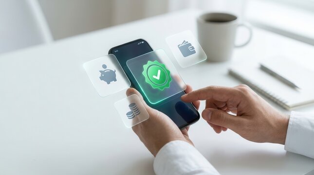 Person using a mobile phone financial application with verified status and digital icons.