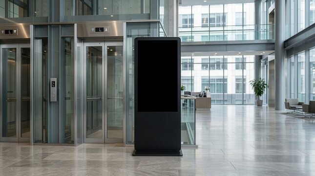 Black blank vertical LED screen mockup standing next to metallic elevator doors in a modern office lobby.