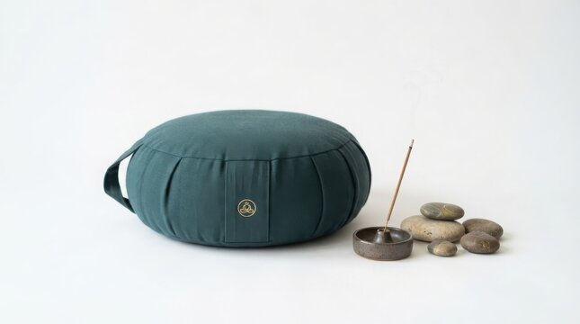 Teal meditation cushion with incense burner and zen stones. Round zafu yoga pillow for mindfulness practice. Minimalist wellness setup. isolated on White Background