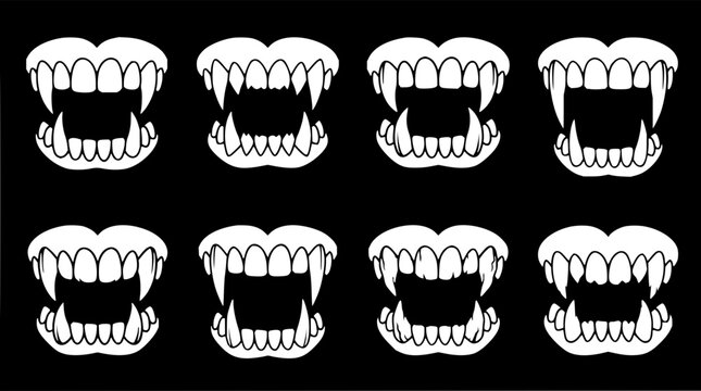 Vampire teeth set with various silhouettes featuring fangs, canines, incisors, and molars with open mouth and dental arrangement