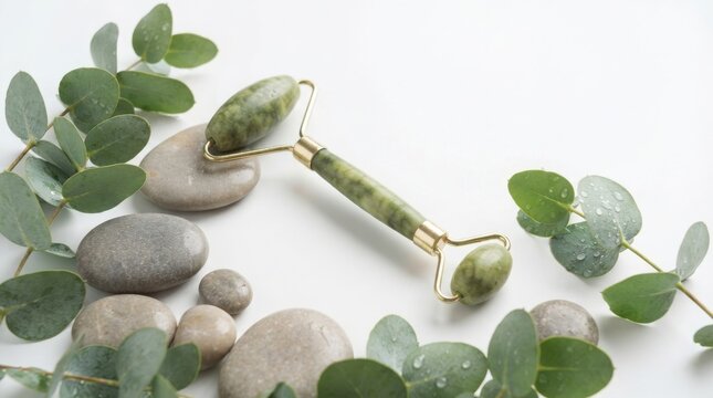 Jade face roller with eucalyptus leaves and smooth massage stones. Green quartz facial massager for skincare. Natural beauty spa treatment. isolated on White Background