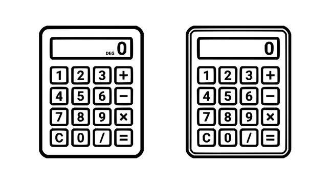 Calculator set with two devices featuring buttons, display, decimal point with keypad and numeric symbols