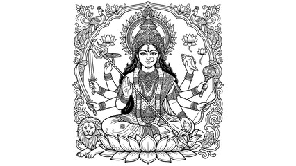 Fototapeta premium Black and white line art illustration of hindu goddess durga sitting on lotus