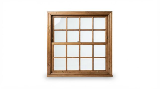 Traditional Wooden Window Frame with Multiple Glass Panes Isolated on White Background for Home Renovation