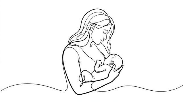 Minimalist continuous line art of a mother breastfeeding her newborn baby.