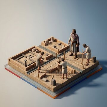 Ancient builders constructing a city layout in a detailed 3D render scene