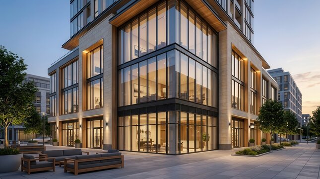 A contemporary mixed use building design concept featuring modern architecture and glass facades.