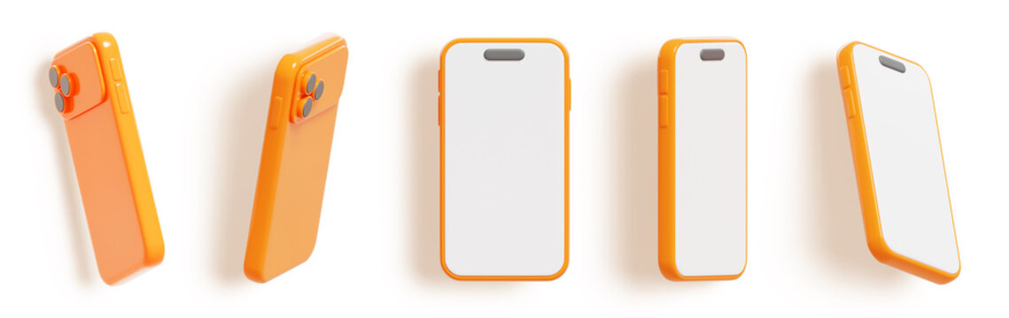 3D orange smartphone mockup set with triple camera. Mobile phone template in different angles with blank white screen for app UI UX design presentation, advertising, digital marketing. 3D illustration