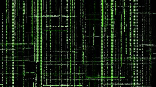 Vibrant green data streams flowing dynamically against a black background for digital technology visuals