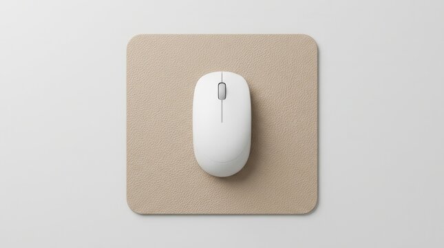 A minimalistic white computer mouse sits on a beige mouse pad against a light background.