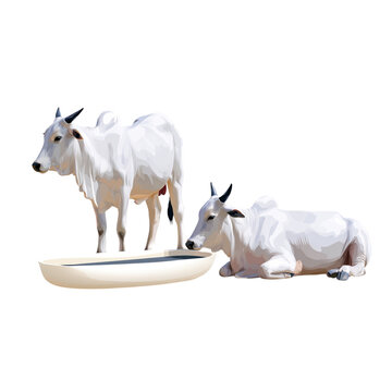 White zebu cow mother nursing calf at trough isolated on transparent background png element