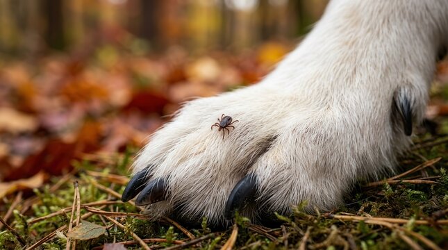 A dangerous tick is crawling on a dog's paw during an autumn walk in the forest.