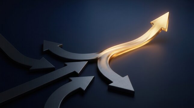 Several dark arrows merge into a single bright golden arrow symbolizing strategic growth.