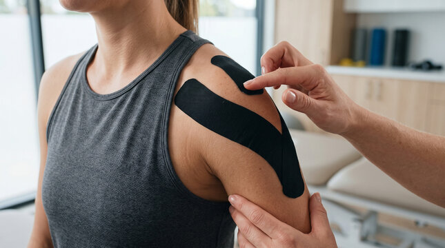 Close up of faceless therapist applying black kinesiology tape on female patient shoulder in clinic