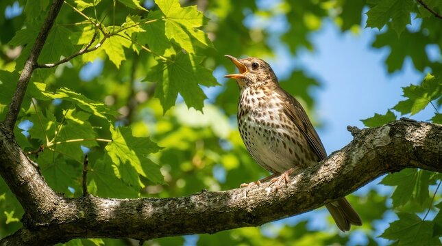 Song thrush with an open beak singing on a tree branch in the forest.