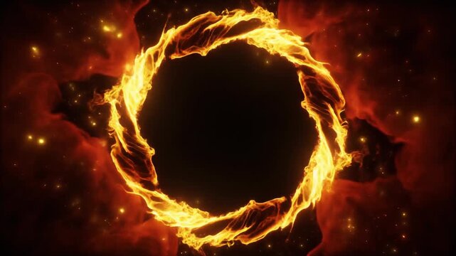 Watch a spectacular circular ring of realistic fire floating against a completely dark black background.