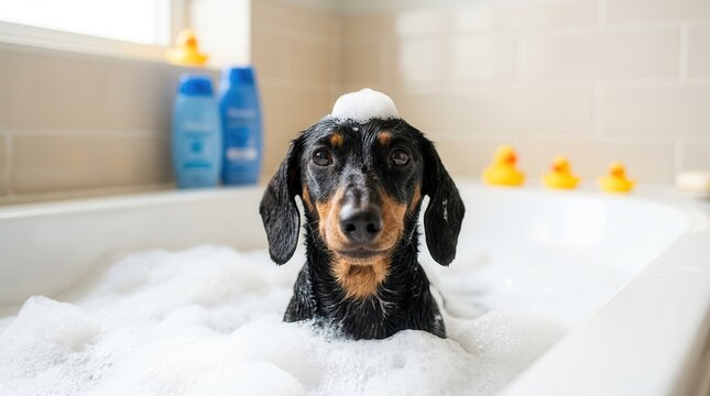 Happy black and tan dachshund dog smiling in a bathtub with soap foam and rubber ducks.