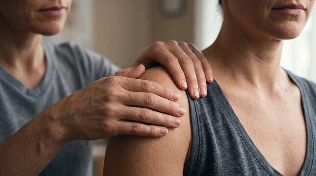 Close up of faceless male therapist hands massaging female patient shoulder in bright physiotherapy clinic