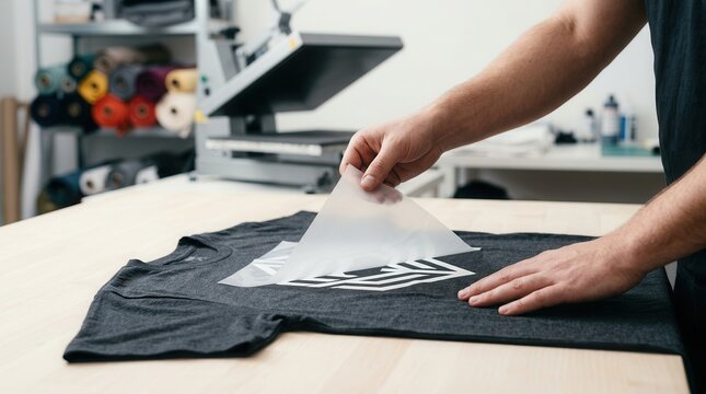Man's hands peeling back a transfer sheet from a custom t-shirt after heat pressing in a workshop.