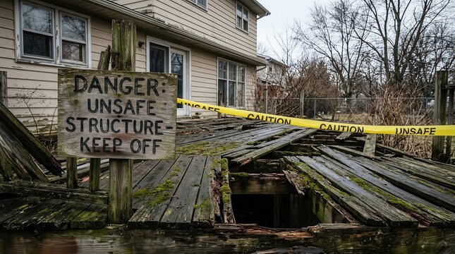 Dilapidated wooden deck with broken planks and moss growth cordoned by yellow caution tape.