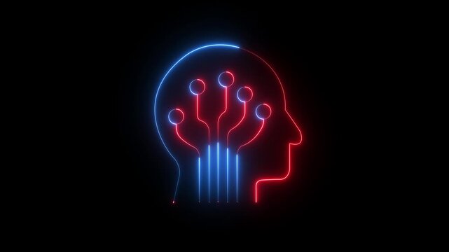 Glowing neon ai-brain icon isolated on black background. motion graphic of ai brain concept. artificial intelligence animation. 4k loop.