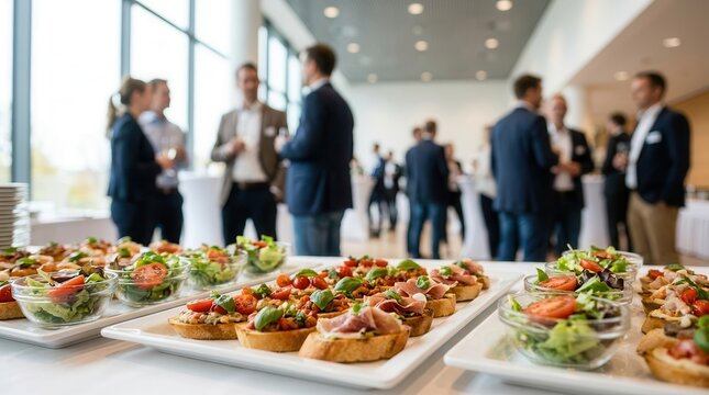 Professional corporate social gathering featuring catered food and people mingling at a business networking event.