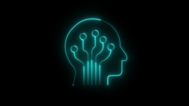 Glowing neon ai-brain icon isolated on black background. motion graphic of ai brain concept. artificial intelligence animation. 4k loop.