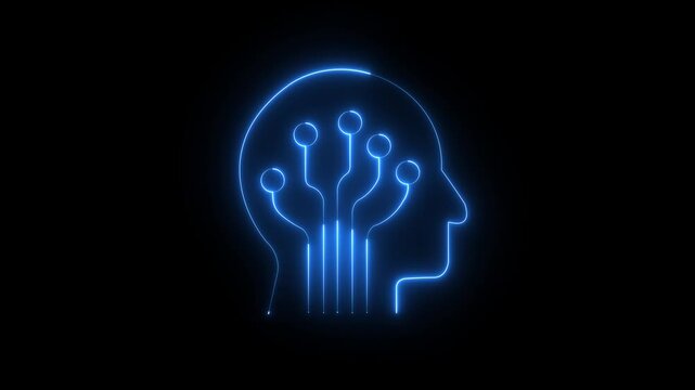 Glowing neon ai-brain icon isolated on black background. motion graphic of ai brain concept. artificial intelligence animation. 4k loop.