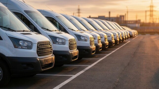 A row of white commercial passenger vans parked in a lot for business transportation.