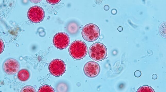 Microscopic view of red stained Cyclospora cayetanensis oocysts under magnification.
