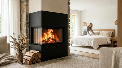Naklejka premium Modern dual-sided fireplace warming a cozy bedroom with neutral tones and natural light.