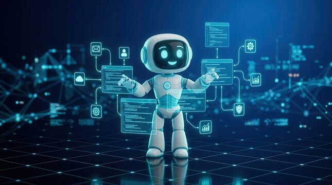 Futuristic 3D rendering of an AI agent robot orchestrating workflow automation.