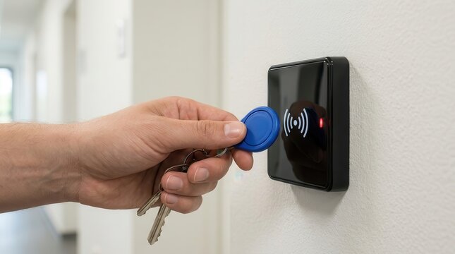 A person uses a blue contactless key fob on an indoor access control reader for secure building access.
