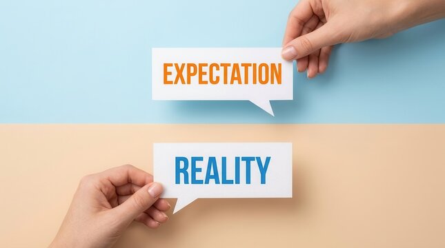 Expectation vs Reality comparison concept using white speech bubbles held by hands.