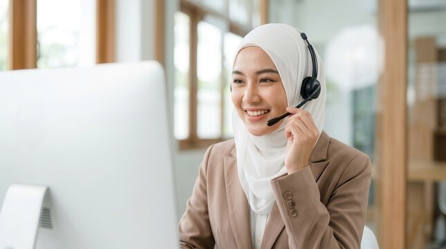 Attractive Asian Muslim woman in professional suit working with headset and desktop computer.