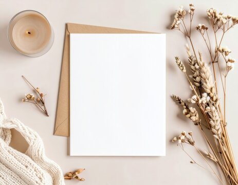Flat lay composition featu blank white paper on brown envelope with dried flowers and candle for stationery and minimalistic design themes