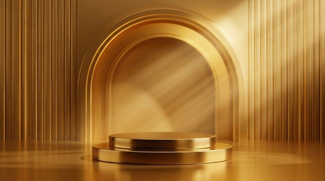 Luxury golden podium on a two-tier circular stage with an arched background.