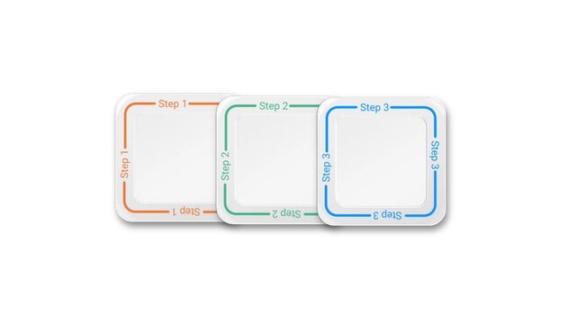 Modern 3D motion graphic infographic featuring three overlapping rounded rectangular cards labeled Step 1, Step 2, and Step 3, designed for process presentations, workflow diagrams, business presentat