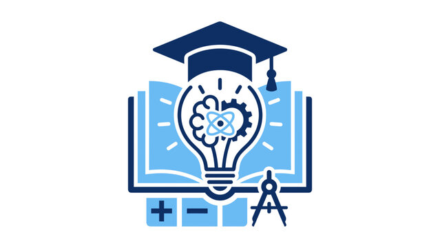 Education And Innovation Concept: Lightbulb, Graduation Cap, Open Book, Gear, Atom, Math Symbols