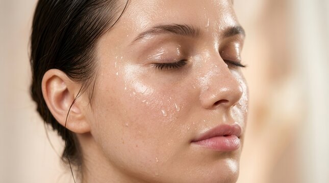 A woman enjoying her morning skincare routine with glistening skin.
