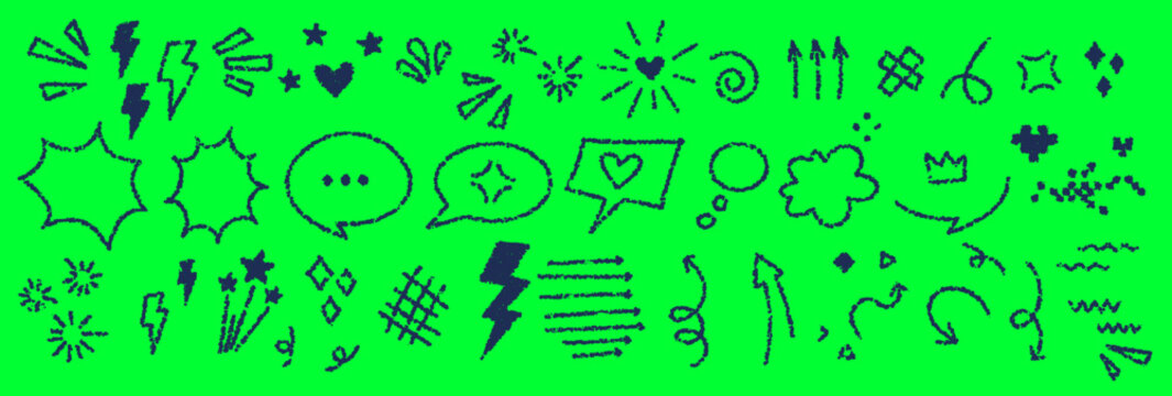 Hand drawn doodle comic elements speech bubbles and abstract emphasis lines on green background for graphic creation.
