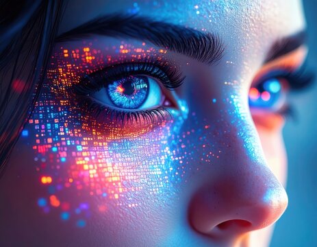 Close-up of a woman's eye with vibrant digital pixel glow effects and colorful makeup, futuristic cyber theme, detailed skin texture, enhancing visual impact