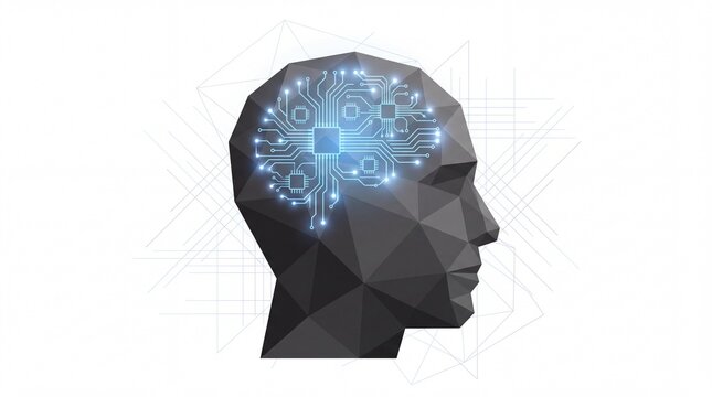 Abstract low poly human head profile with glowing digital brain circuit.