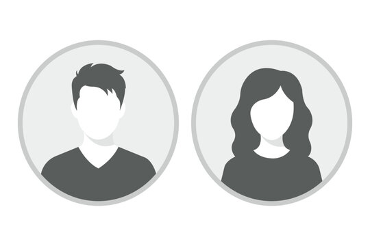 Default user profile avatar placeholder vector icon set, isolated white background template with circular male and female person faceless heads and hairstyles