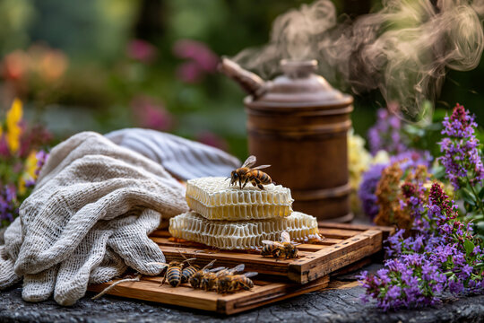 Beekeeper's gloves and smoker on wooden beekeeping stand surrounded by honeycombs and flowers. Apiculture and World Bee Day concept. Close-up still life composition for poster